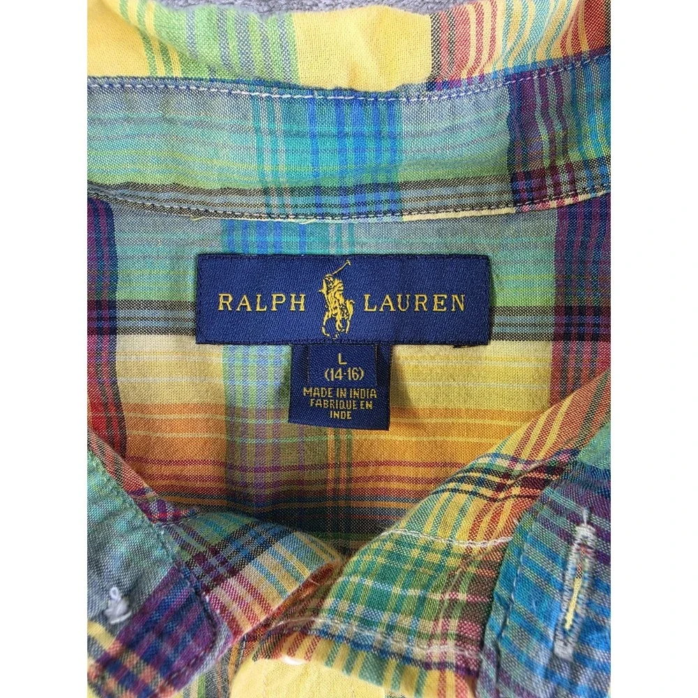 Polo Ralph Lauren Boys Button Up Shirt Plaid Yellow Blue Green Size Large 14-16